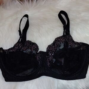 Lunaire Lace Underwire Bra, Sexy Black & Pink, Embroidered Flowers, 34DDD